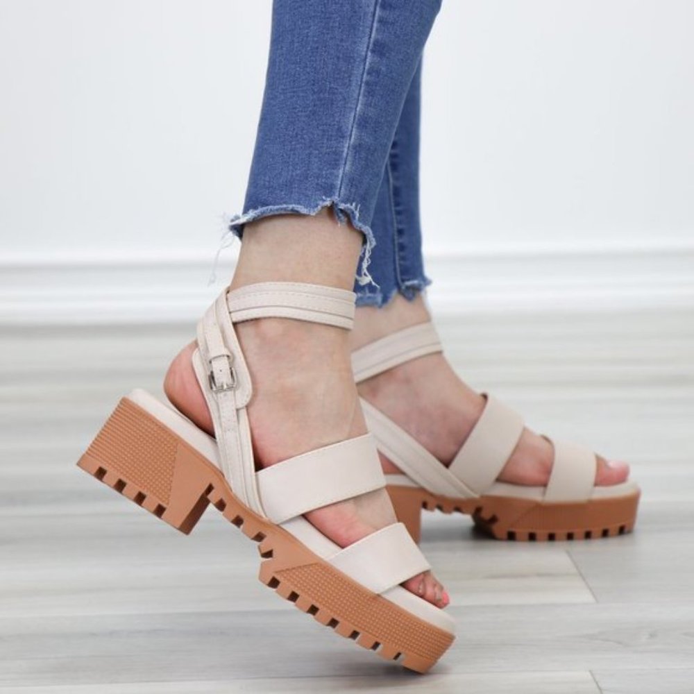 Nude Strappy Chunky Heel Sandal Faux Leather - Picture 3 of 12